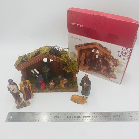 Elements Ceramic Dark Ethnic Nativity Set with Wooden Manger Figurines Set of 10 - Picture 2 of 12